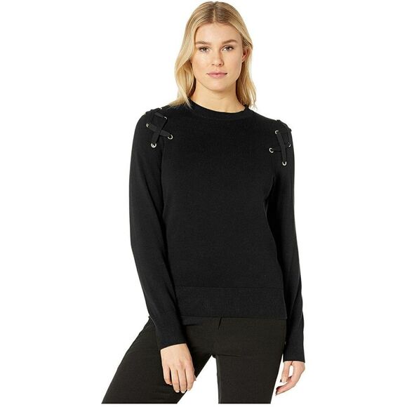 New! MICHAEL KORS Women's Grommet Lace-up Black Sweater Cotton-Blend Size Small - Picture 5 of 8